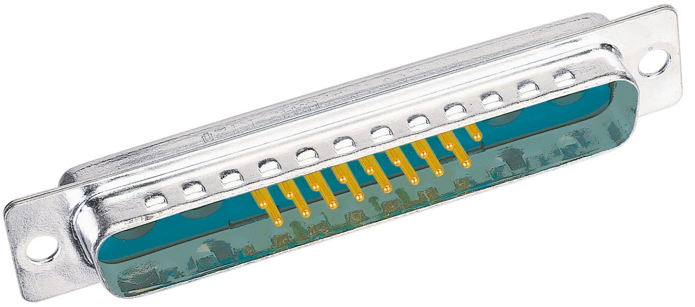 Stříbrný konektor se žlutými kolíky, typický pro D-Sub konektory, se používá v elektronických zařízeních pro přenos signálu.