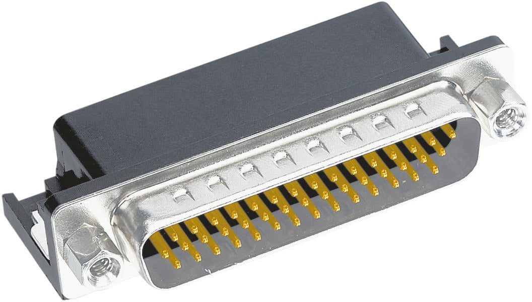 Černý a stříbrný D-Sub konektor s několika zlatými kolíky, používaný pro přenos dat v elektronických zařízeních.
