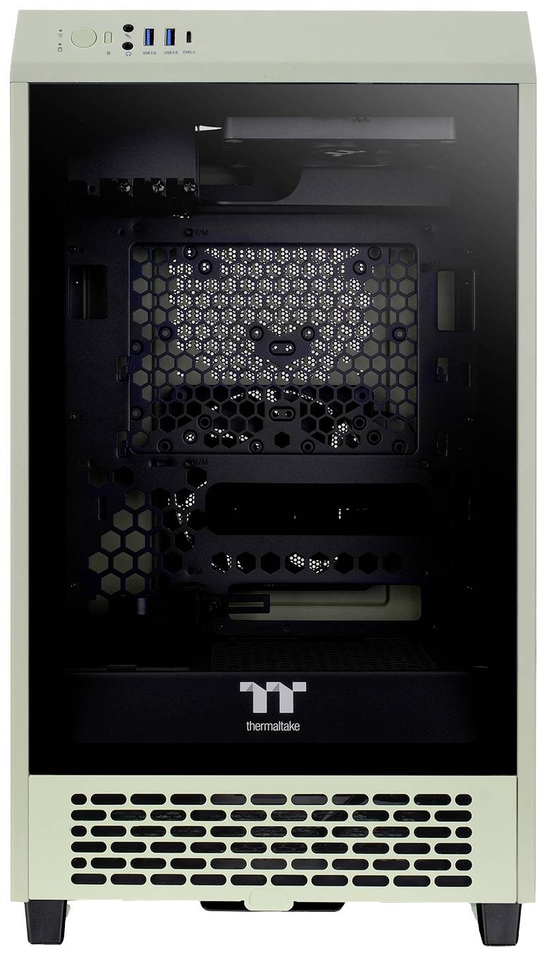 Obrázek ukazuje prázdný počítačový box Thermaltake s průhledným bočním okénkem, vhodný pro stavbu PC a instalaci hardwaru.