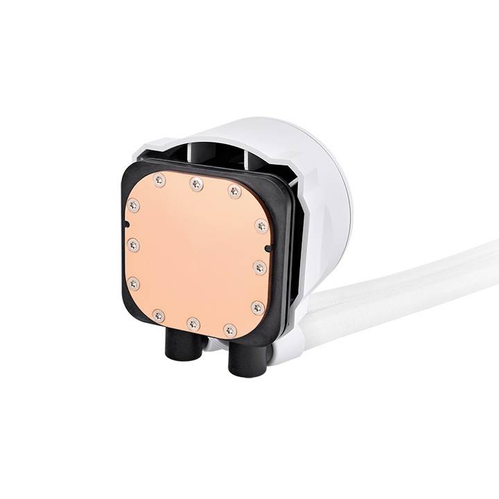 Bílý válcový měděný chladič s černými plastovými detaily, vybavený kulatou měděnou deskou a šrouby.