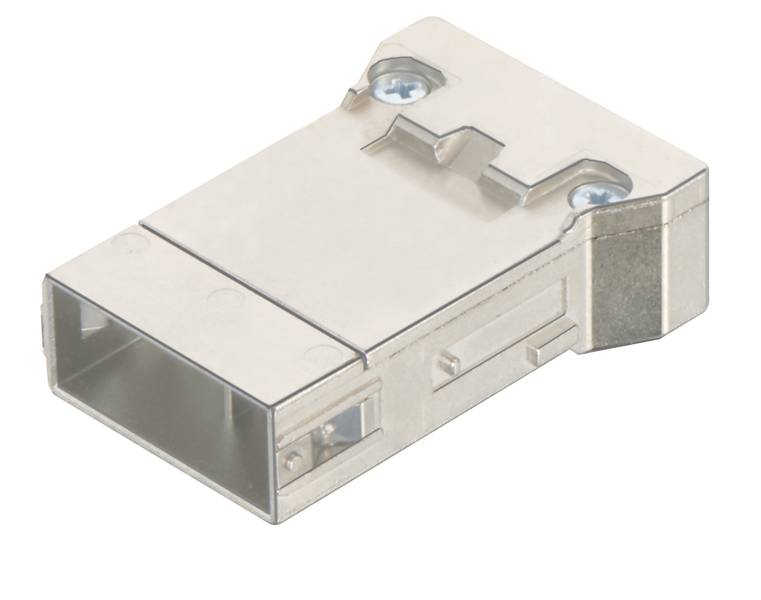 Stříbrný, obdélníkový kovový konektor, pravděpodobně USB port, se dvěma viditelnými šroubky a kovovými sponkami.