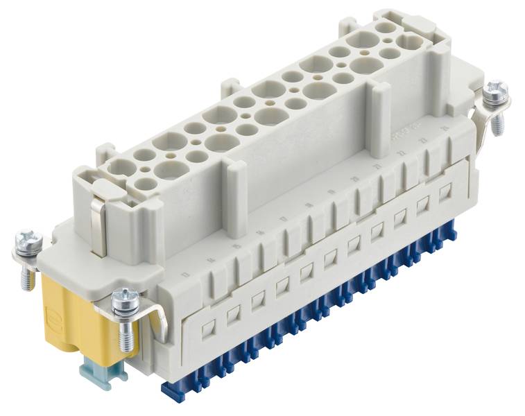 Šedý, vícepólový elektrický konektor s modrými a žlutými prvky, vhodný pro průmyslové aplikace.