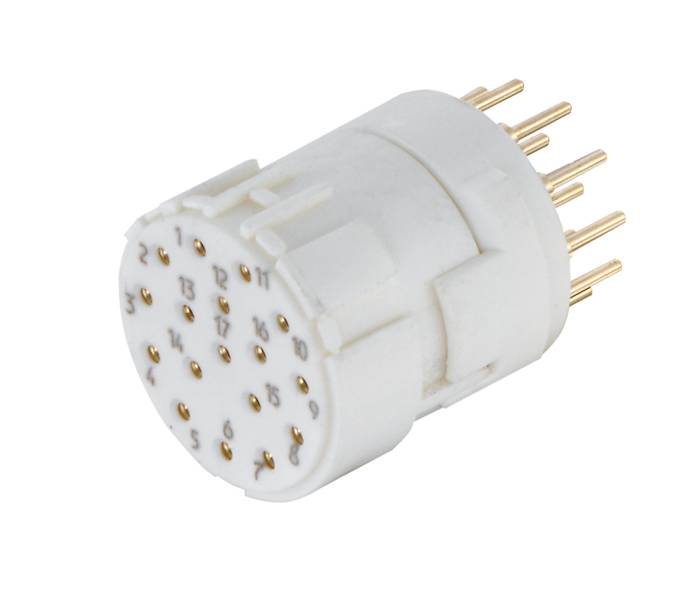 Kulatý elektrický konektor s vícepólovými kolíky. Konektor je bílý a má vyznačené čísla pro označení pozic kolíků.