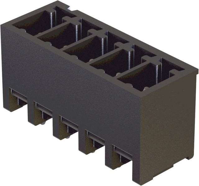 Černý plastový obdélníkový konektor s pěti horizontálními zdířkami, používaný pro elektronické propojení.