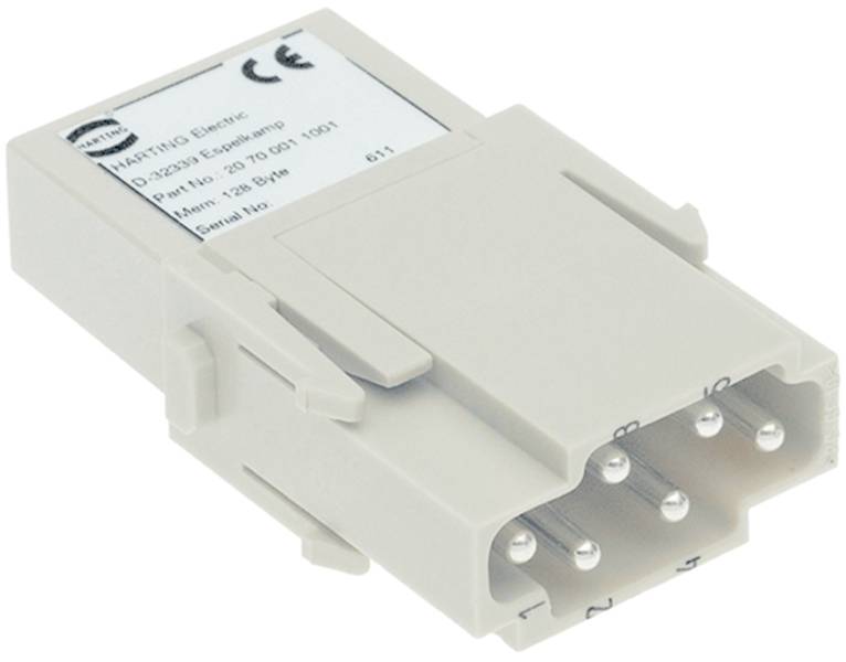 Bílý 5-pólový konektor s označením CE, vyrobený společností Harting Electric.