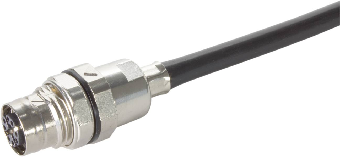 Stříbrný kabel se zástrčkou M12 s černým krytem, vhodný pro průmyslové aplikace a robustní připojení.