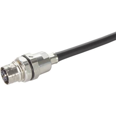 Stříbrný kabel se zástrčkou M12 s černým krytem, vhodný pro průmyslové aplikace a robustní připojení.