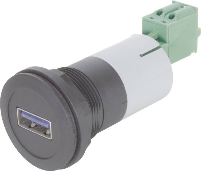 USB port with a black, cylindrical housing and a green connector.