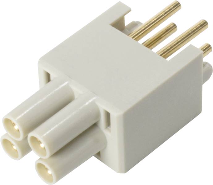 Bílý elektrický konektor se třemi kulatými zásuvkami a čtyřmi kovovými kolíky. Vhodný pro elektronické aplikace.