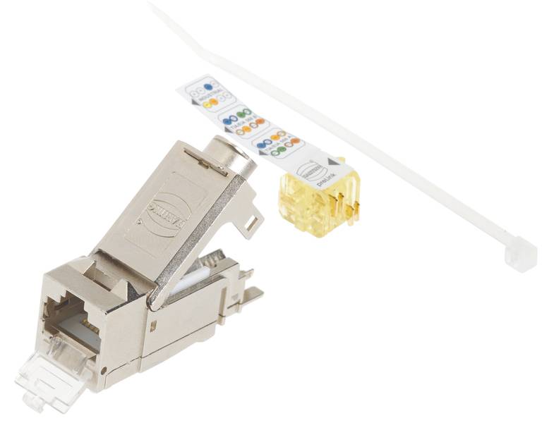 Kovový síťový RJ45 keystone modul, žluto-průhledná součástka a bílá kabelová vázací páska na bílém pozadí.