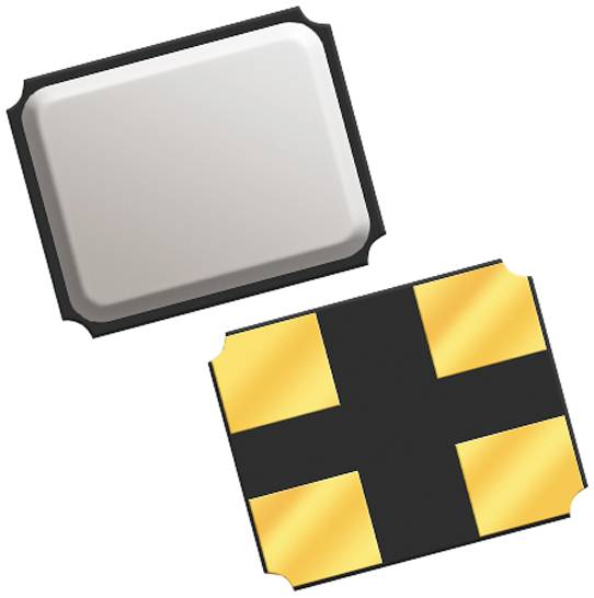 Elektronická součástka obdélníkového tvaru: nahoře stříbrná plocha, dole čtyři zlaté kontakty, symetricky uspořádané.