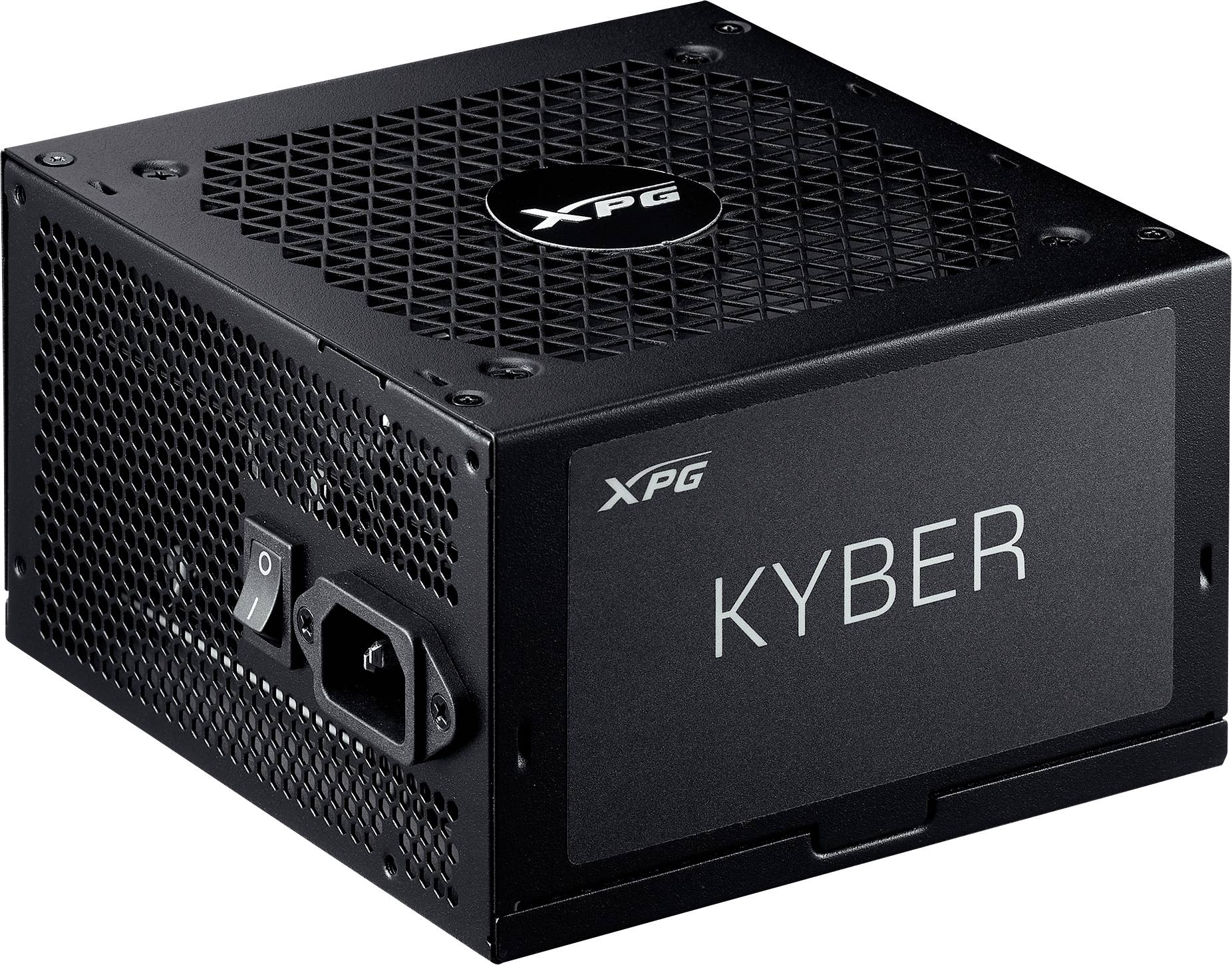 Černý napájecí zdroj s nápisem 'XPG KYBER' na straně. Má větrací mřížky a konektory pro napájení.