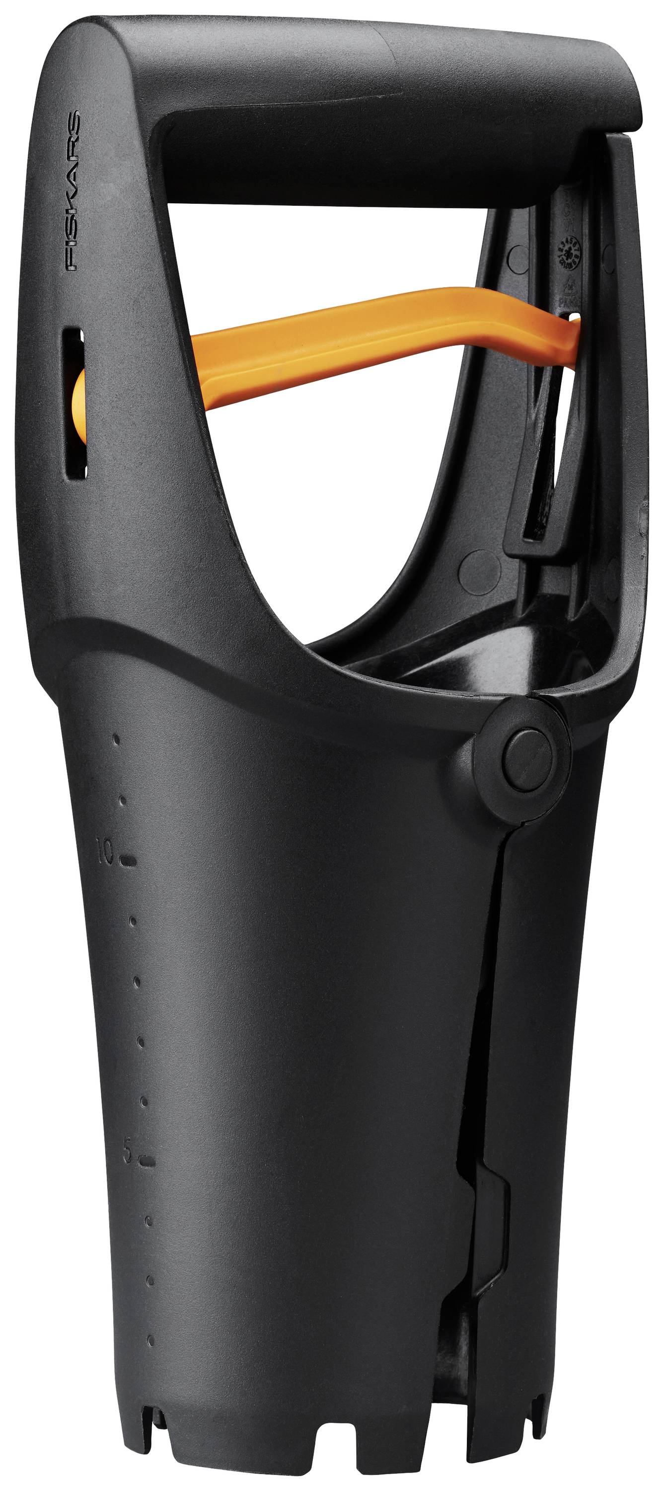 Černý, ergonomický zahradní nástroj s oranžovou rukojetí, který se používá k řezání nebo sklízení.