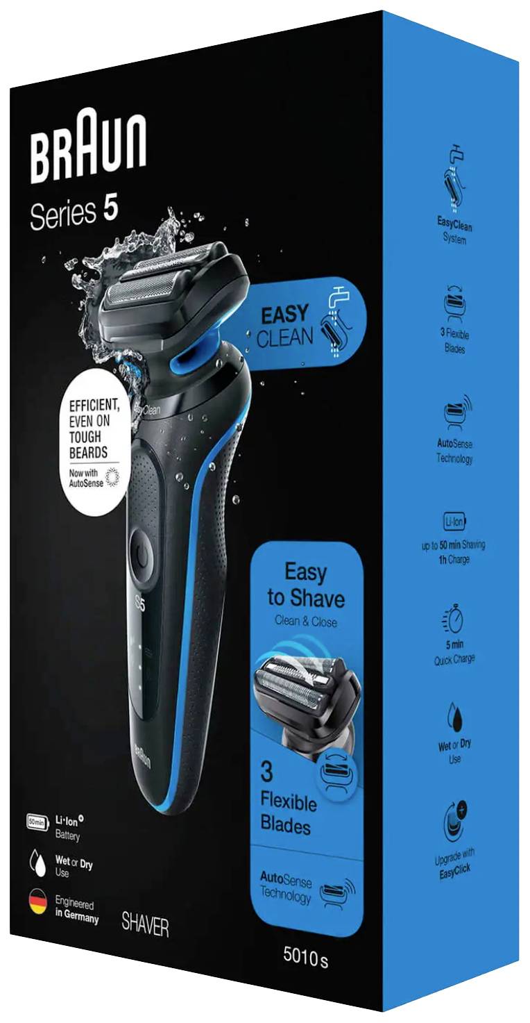 Elektrický holicí strojek Braun Series 5. Vlastnosti: vodotěsný, snadné čištění, tři flexibilní břity, technologie AutoClean.