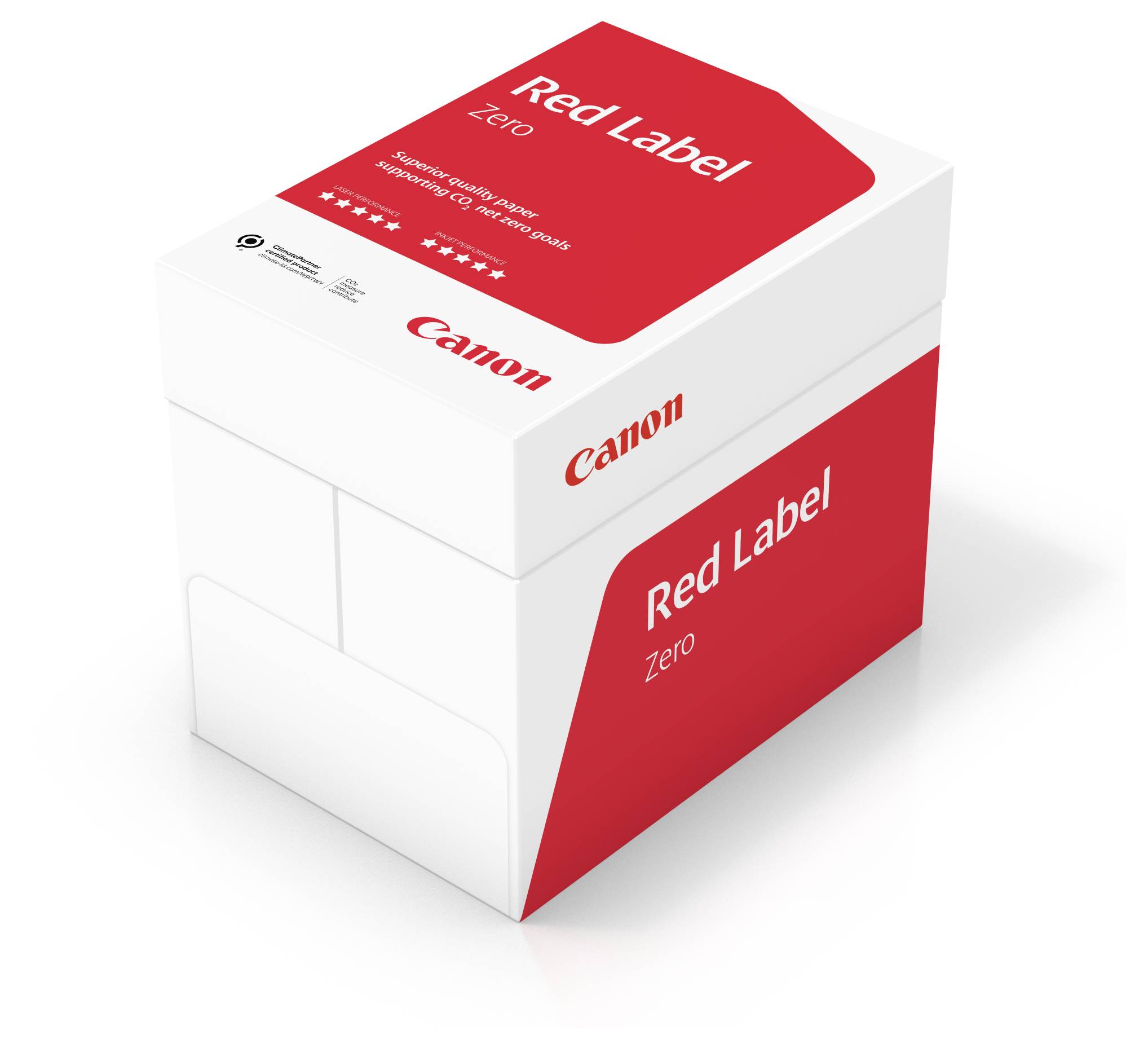 Bílá a červená krabice papíru Canon Red Label Zero, která zobrazuje značkové prvky produktu a ekologicky šetrné vlastnosti, jako je "papír neutrální vůči CO2".