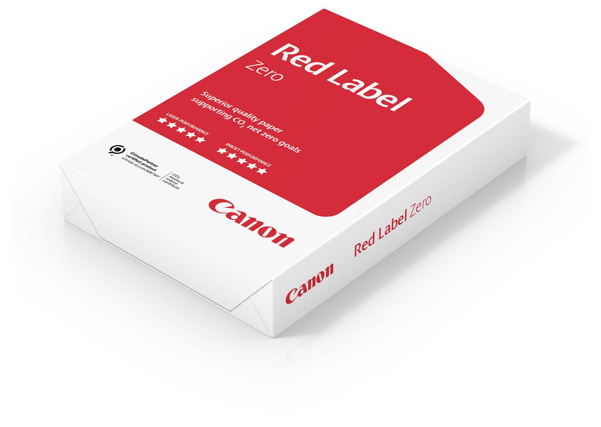 Balení kancelářského papíru Canon Red Label Zero, zdůrazňující kvalitu s ekologickými certifikacemi.