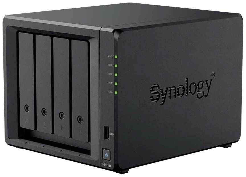 Černý NAS server se čtyřmi šachtami, svítícími LED indikátory a logem značky na straně. Slouží k ukládání a správě dat.