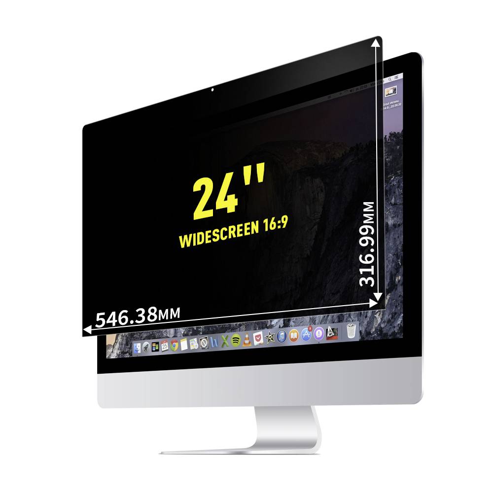 24palcový wide monitor s poměrem stran 16:9 o rozměrech 546,38 mm šířky a 316,99 mm výšky, černé obrazovky.