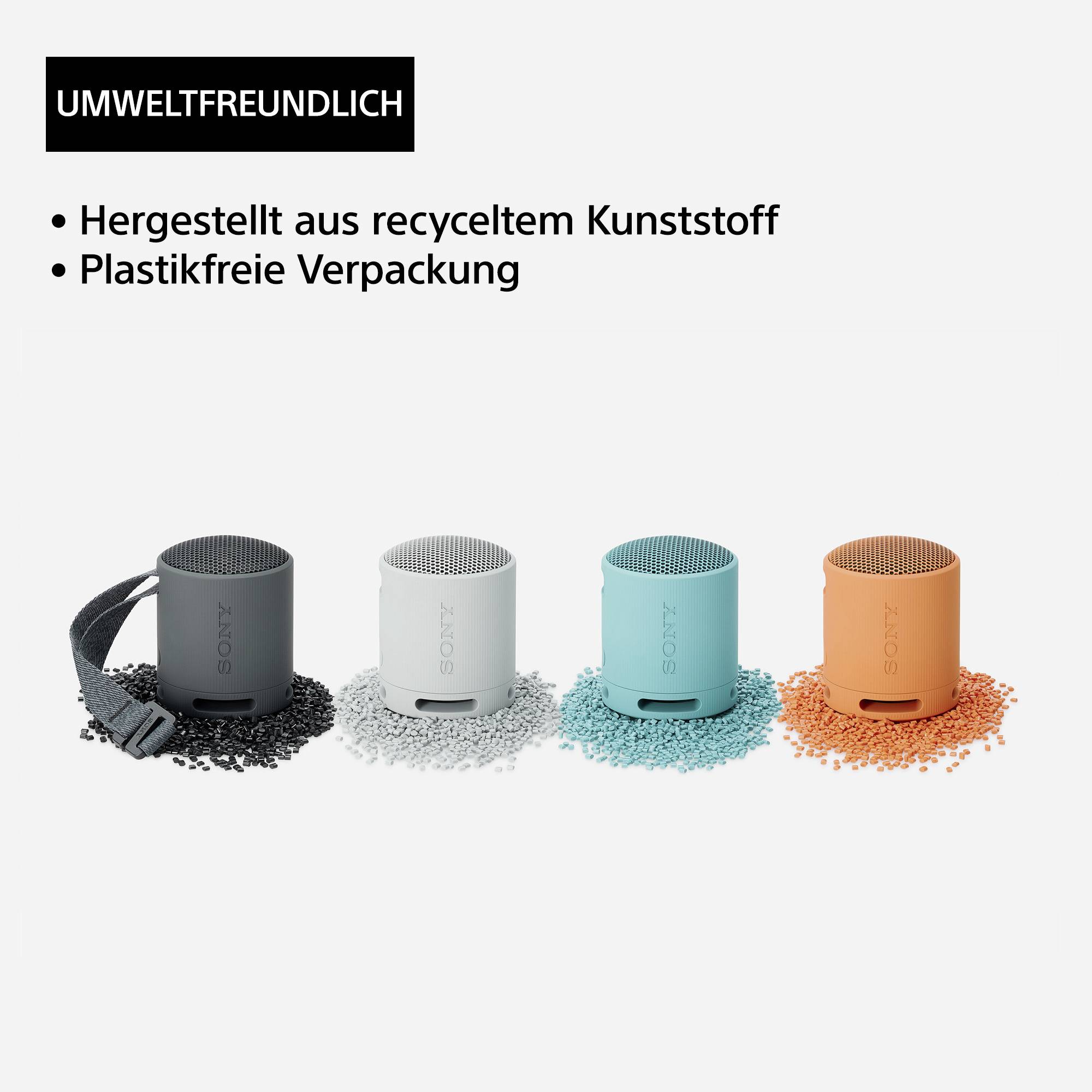 Šetrné k životnímu prostředí: Vyrobeno z recyklovaného plastu, balení bez plastů.' Bluetooth reproduktor ve čtyřech barvách.