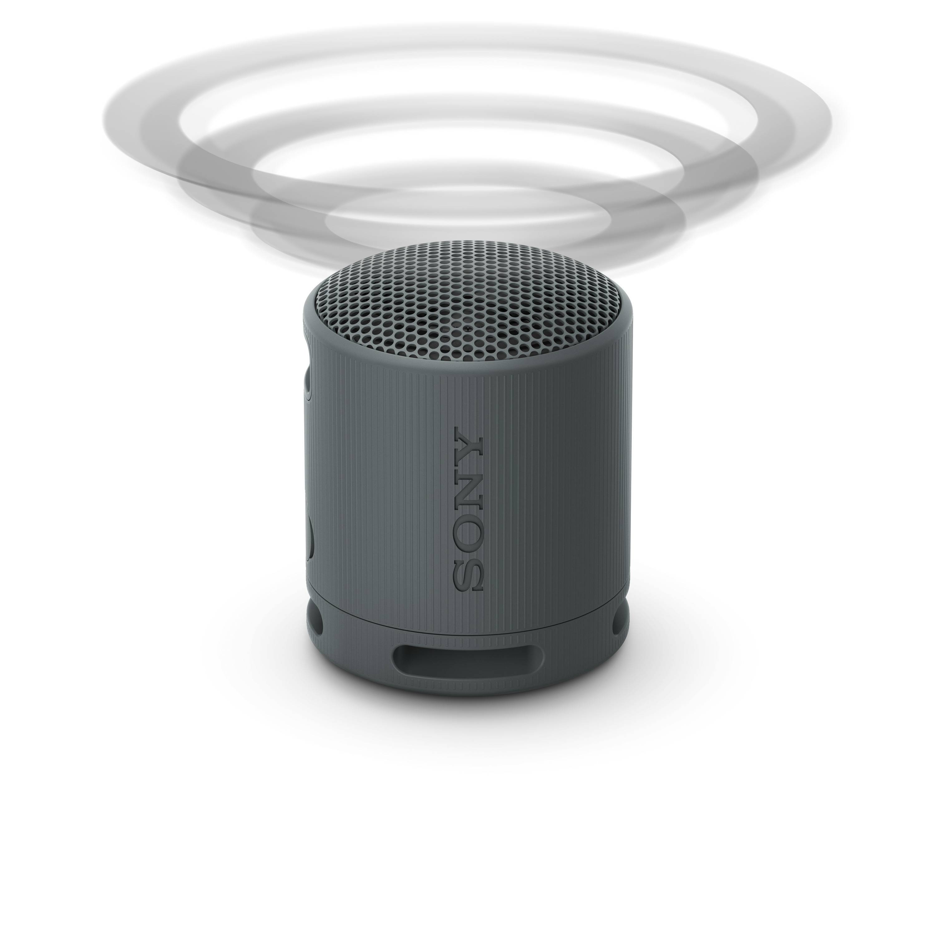 Šedý přenosný reproduktor Sony se zvukovými vlnami zobrazenými nahoře, které vizualizují zvukový výstup.