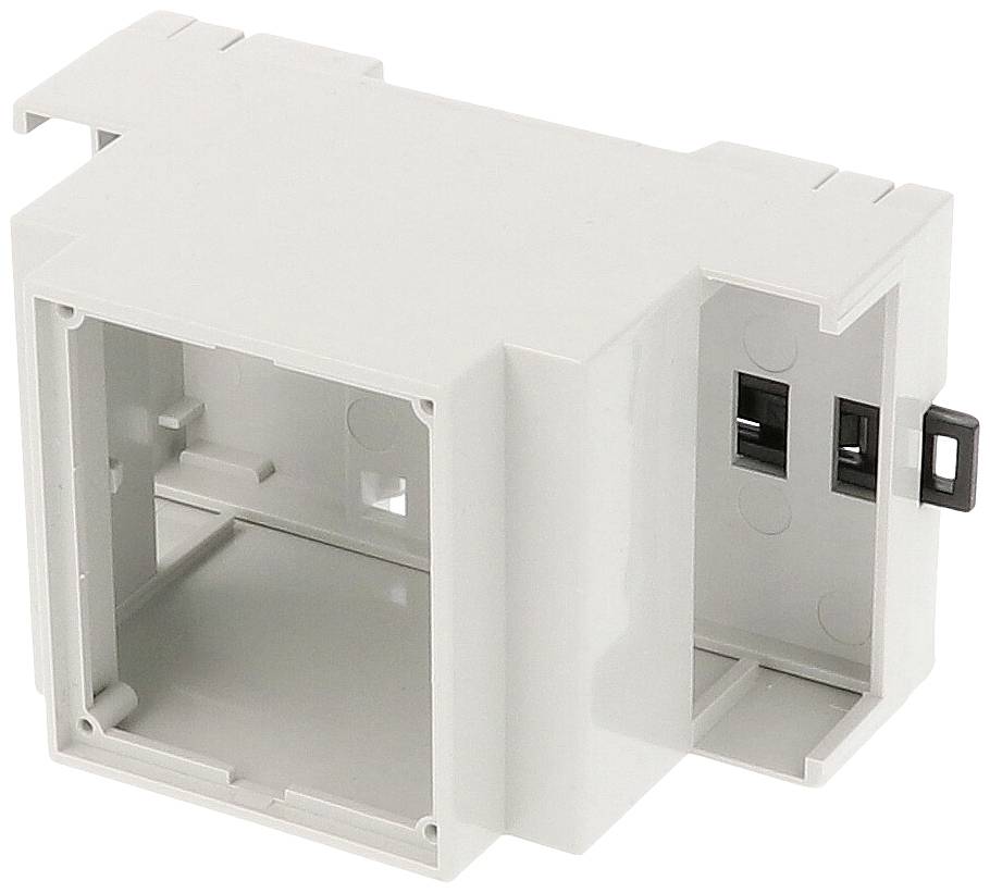 Bílý plastový držák s otevřeným pouzdrem a několika upevňovacími body. Vhodný pro technické nebo elektronické aplikace.