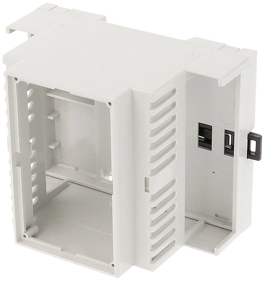 Bílé pravoúhlé pouzdro s otvory a přihrádkami, pravděpodobně určené pro elektronické komponenty nebo držáky zařízení.