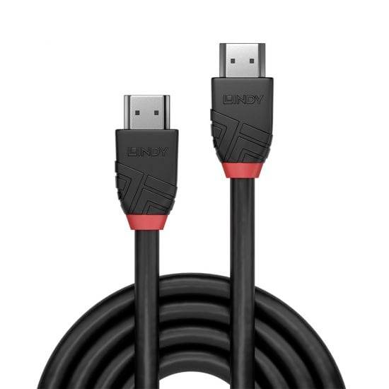 HDMI kabel s černým opláštěním a červenými akcenty na konektorech od značky Lindy, vhodný pro audiovizuální přenosy.