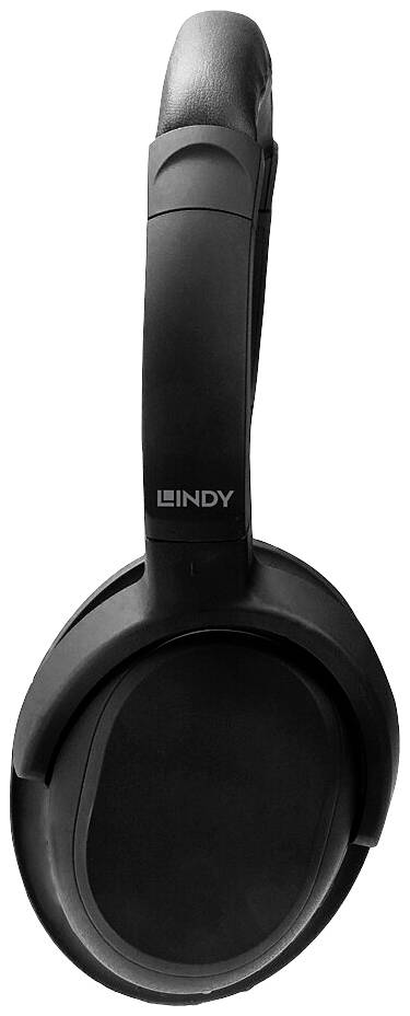 Černá bezdrátová sluchátka Over-Ear s polstrováním, označená nápisem 'Lindy' na vnější straně. Ideální pro poslech hudby nebo telefonní hovory.