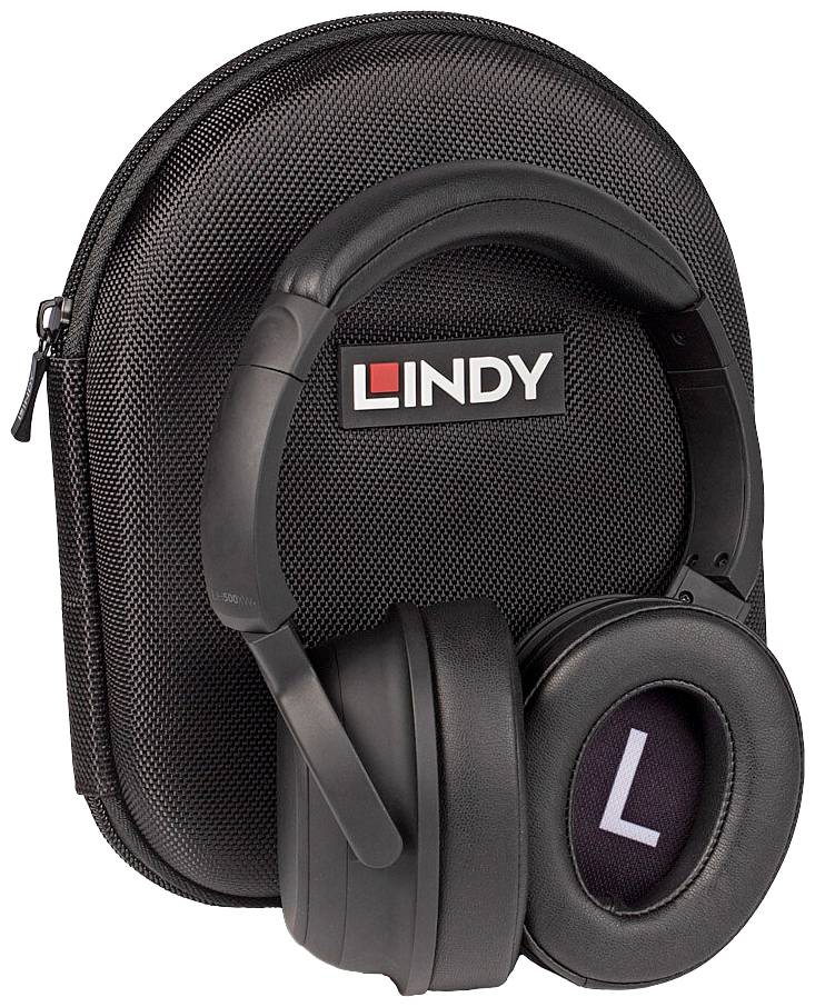 Černá sluchátka od Lindy, umístěná v černém ochranném pouzdře. Kompaktní design vhodný pro cestování nebo přepravu.