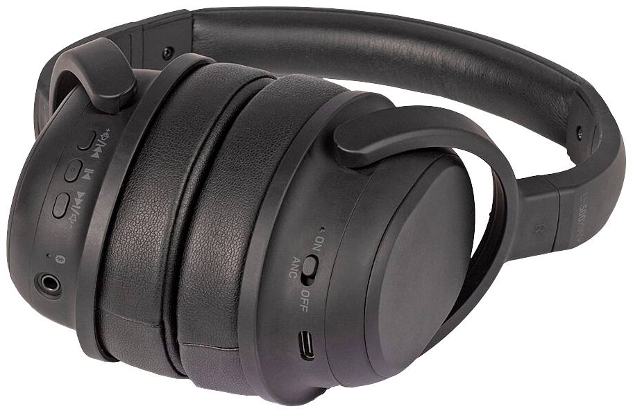 Černé bezdrátové sluchátka Over-Ear s viditelnými ovládacími prvky pro hlasitost a zapnutí/vypnutí. Vhodné pro hudbu nebo telefonování.