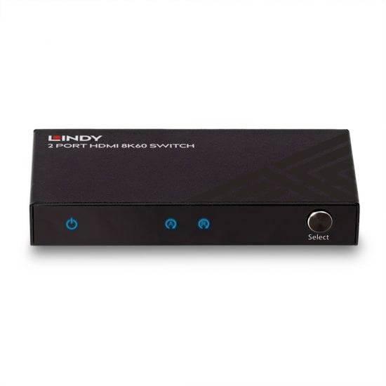 Černý HDMI přepínač se 2 porty, značka vlevo nahoře. Modré symboly a tlačítko 'Select' vpředu.