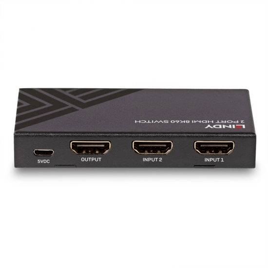 Kompaktní HDMI přepínač se třemi HDMI porty, označenými jako 'OUTPUT', 'INPUT 1' a 'INPUT 2', spolu s napájecím konektorem 5VDC.