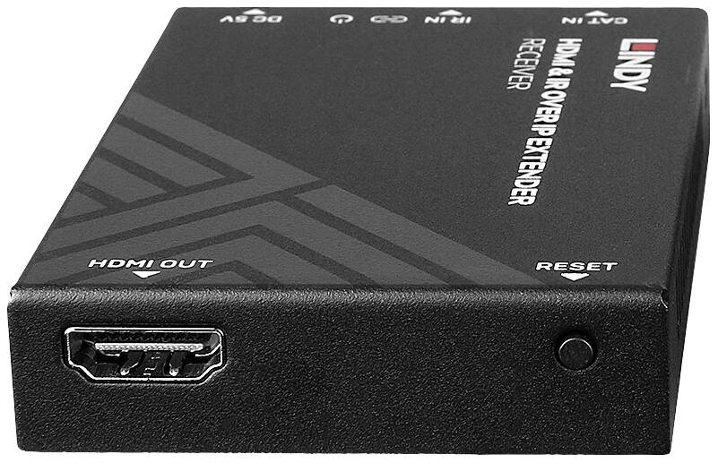 Černý HDMI & IR over IP přijímač od Lindy s HDMI výstupem a resetovacím tlačítkem, používaný pro přenos signálu.