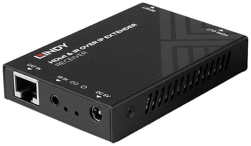 Černý HDMI a IR přijímač přes IP s několika porty, včetně CAT 5/6 a IR, pro přenos audia a videa.