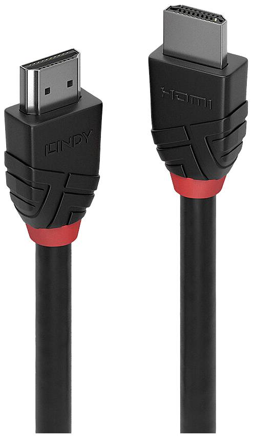 Dva černé HDMI kabely s červenými akcenty a potiskem 'HDMI' a 'LINDY', vhodné pro audiovizuální připojení.