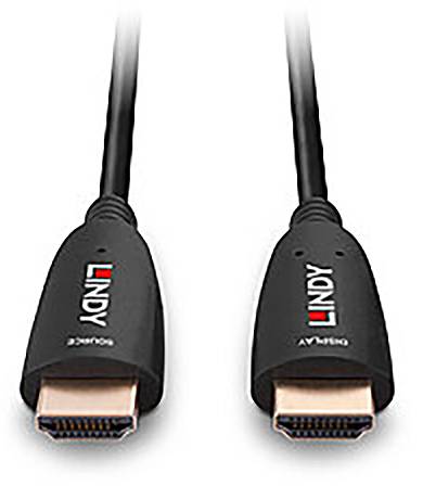 Černý HDMI kabel od společnosti LINDY s konektory na obou koncích, vhodný pro digitální přenos audia a videa mezi zařízeními.