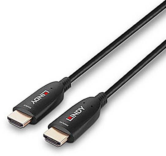Dva černé HDMI kabely se zlatými konektory a logem 'LINDY' na každém konektoru.