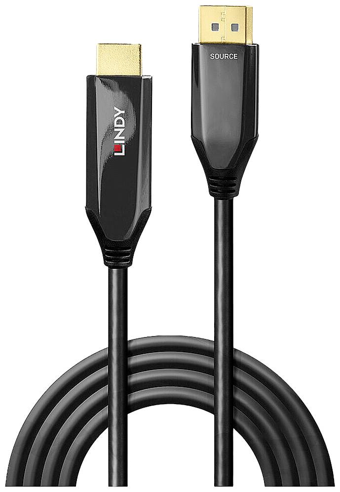 Černý HDMI kabel značky LINDY se zlatými konektory, označený jako 'SOURCE', vhodný pro video a audio připojení.