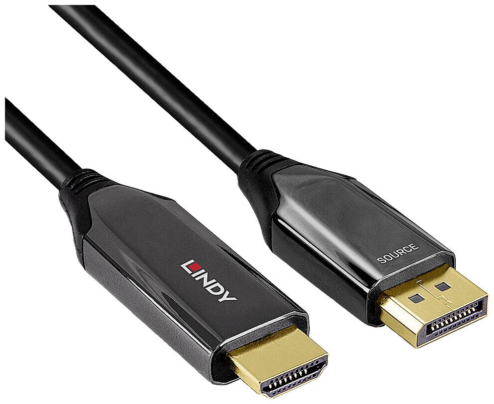 HDMI a DisplayPort kabely od společnosti LINDY. HDMI koncovka je černá se zlatým konektorem a nápisem 'SOURCE'.