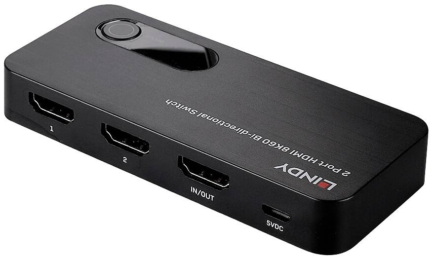 Přepínač HDMI od společnosti Lindy se dvěma HDMI vstupy, jedním výstupem, indikátorem IN/OUT a napájením 5V DC.