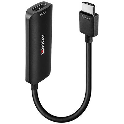 HDMI-DisplayPort adaptér od firmy Lindy, černý kabel. Vlevo konektor HDMI s nápisem 'DISPLAY', vpravo konektor USB-C s nápisem 'SOURCE'.