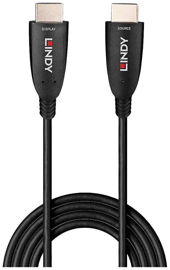 Černý HDMI kabel značky Lindy s označeními 'Display' a 'Source' na konektorech.