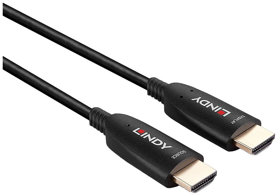 Dva černé HDMI kabely se zlatými konektory. Na koncovkách je uveden název značky.