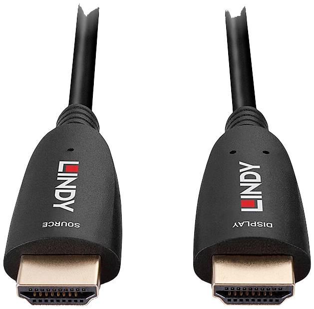 Dva HDMI kabely s černými konektory značky 'Lindy', jeden označený jako 'Source' a druhý jako 'Display'.