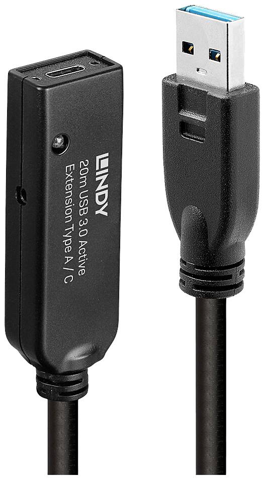 USB prodlužovací kabel s USB-A zástrčkou a USB-A zásuvkovým adaptérem. Vhodný pro USB 3.0, délka 20 metrů.