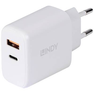 Bílá USB nabíječka s USB-A a USB-C portem. Vhodná pro evropské zásuvky.