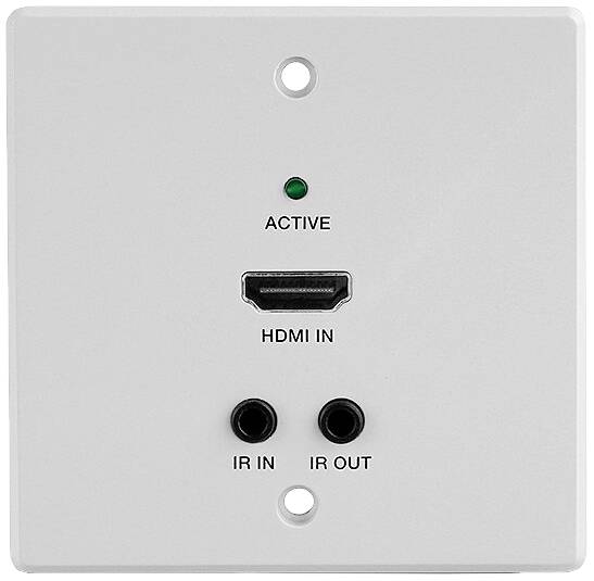 Bílá nástěnná deska se vstupem HDMI a vstupy/výstupy IR. Zelené světlo indikuje 'AKTIVNÍ'.