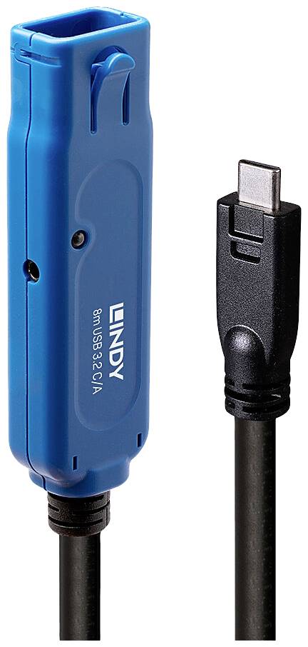 Modrý prodlužovací kabel USB-C od společnosti Lindy. Vlevo repeater, vpravo USB-C konektor.