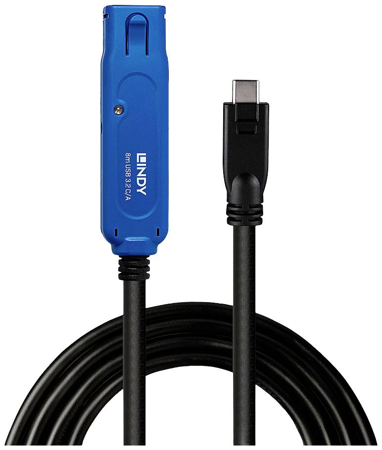 Modro-černý prodlužovací USB kabel s konektorem USB-C. Vhodný pro připojení elektronických zařízení.