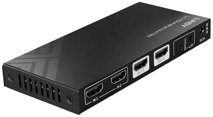 Černý HDMI matrix přepínač se dvěma vstupy a dvěma výstupy, používaný pro přepínání HDMI signálů mezi zařízeními.